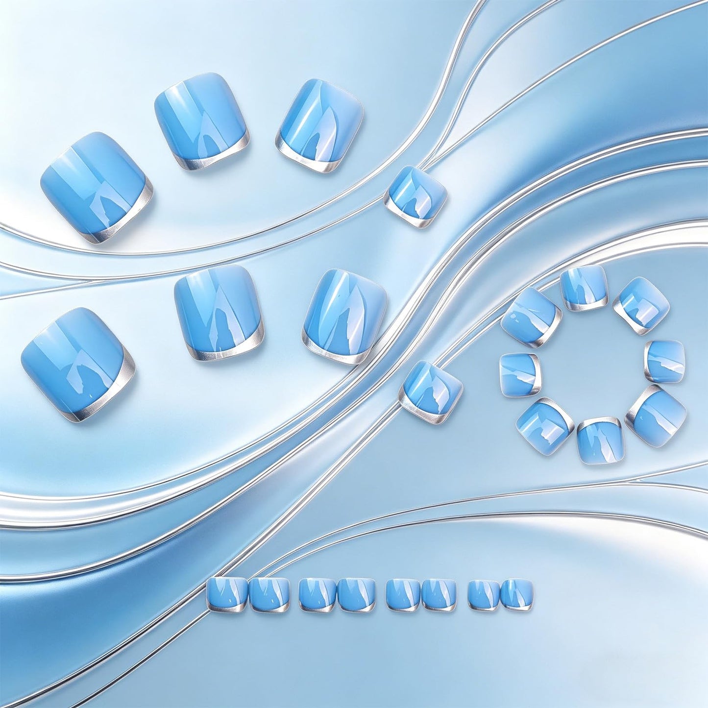 24Pcs Sliver French Tip Press on Toenails Summer Acrylic Toe Nail Press ons Short Square Fake Toenails Glossy Blue Toe Press on Nails Reusable Stick on Toenails for Women Nail Supplies