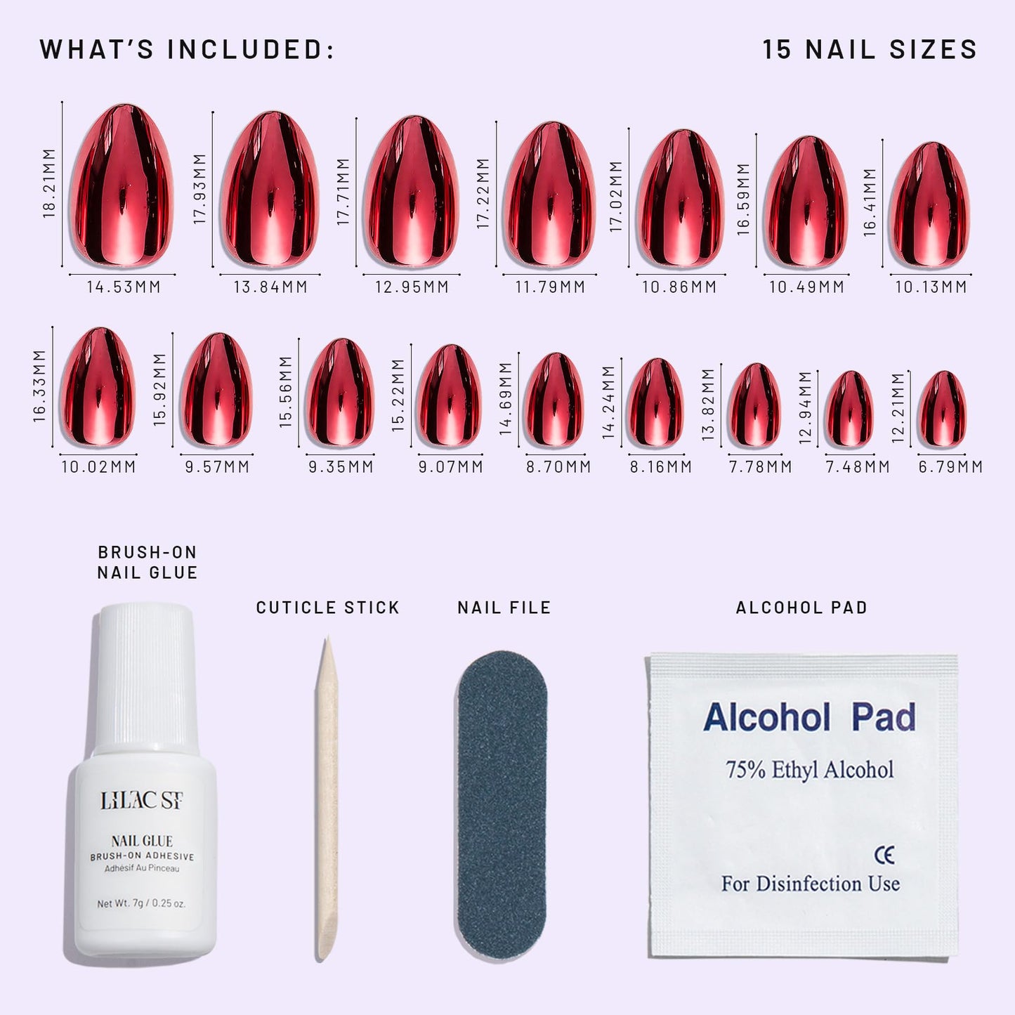 Lilac St - Press on Nails, Cherry Plated (30 Nails, 15 Sizes) - Short, Almond, Chrome + Glossy, Opaque - Brush On Nail Glue, Nail File, Cuticle Stick, Prep Pad - Reusable - Cruelty Free, Vegan