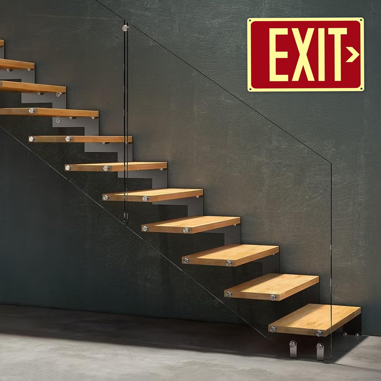 4Pack Photoluminescent Exit Sign Aluminum - 14x10 Inches Glow In Dark Exit Sign with Adhesive Backing - Removable Arrows Included - Non Electrical Red Exit Light For 50 Feet Visibility