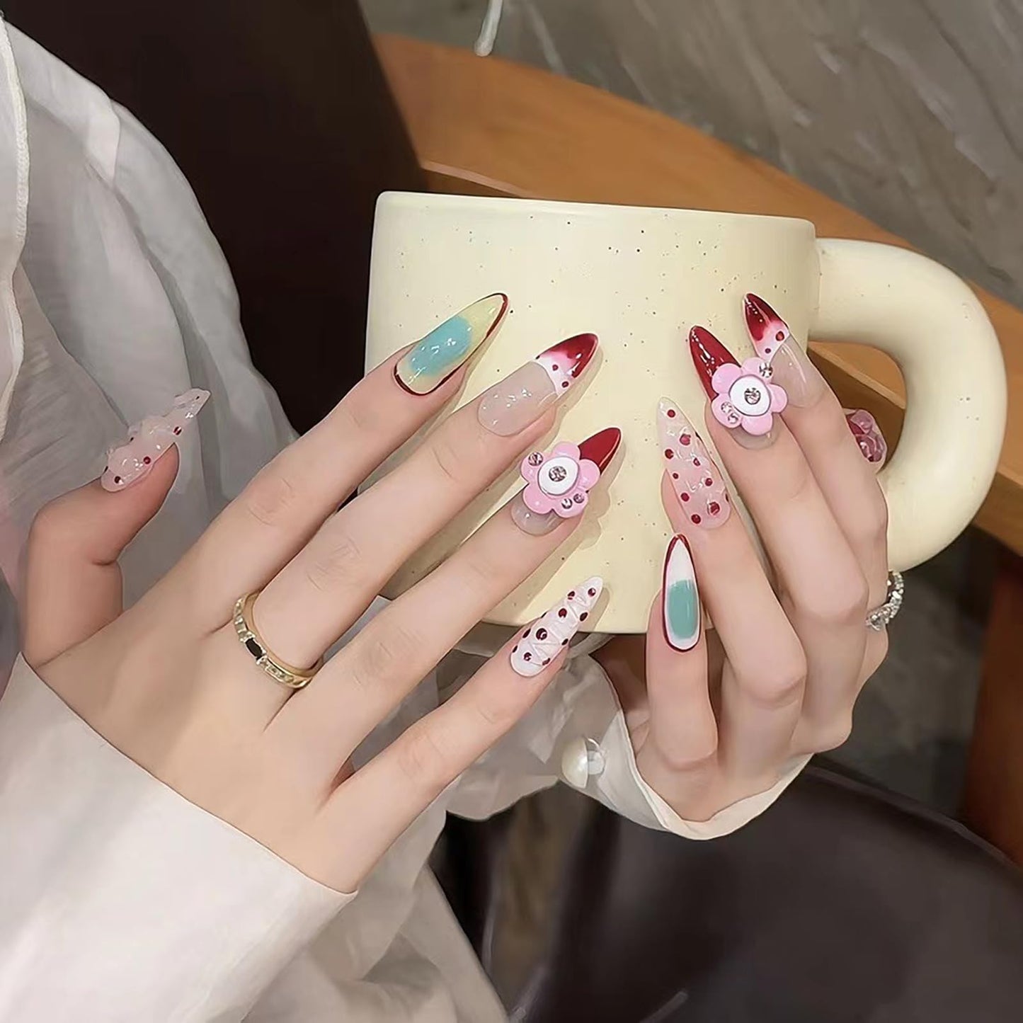 Yacey 3D Floral Handmade Press on Nails, Long Almond Reusable False Nails Press Ons, Red Polka Dots French Tip Thick Acrylic Fake Nails with flower, Luxury Glue on Nails for Women Girls (10 Pcs, M)