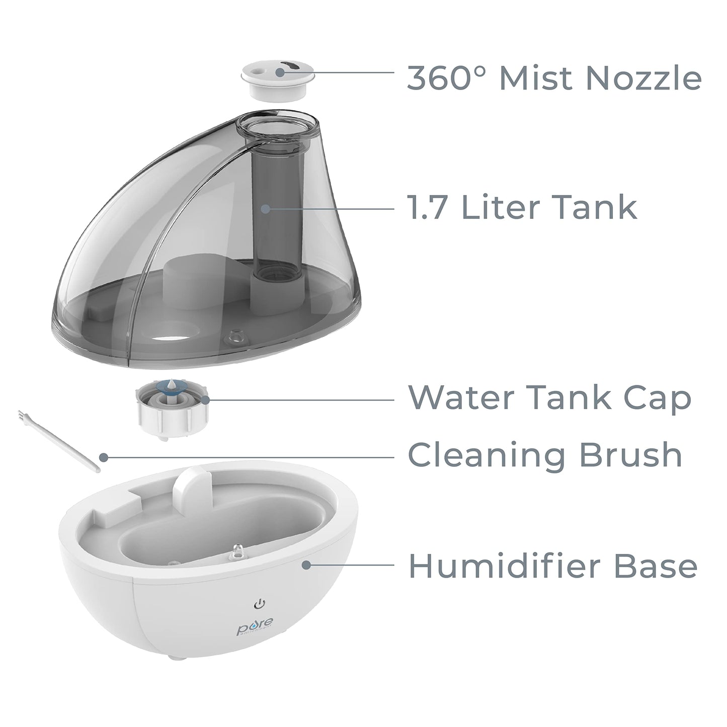 Pure Enrichment MistAire Silver Ultrasonic Cool Mist Humidifier for Bedroom, Office, Nursery & Indoor Plants - Lasts Up to 25 Hours, Whisper-Quiet Operation, Optional Night Light, & Auto Shut-Off
