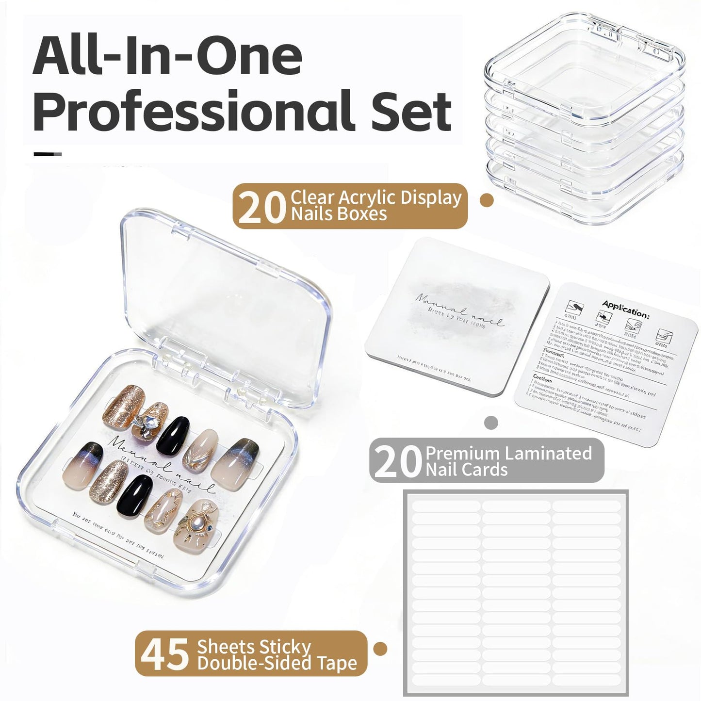 ITQUTC 20 Pack Press on Nail Packaging Kit - Clear Press on Nail Boxes with Cards and Adhesive Tape, Professional Nail Case for Small Business and Storage DIY Nail Projects