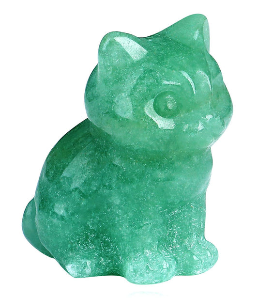 QINJIEJIE Green Aventurine Crystal Cat Figurines Healing Crystals Stone Statue Hand Carved Gemstone Sculpture Home Office Decoration Sitting Cat Gifts for Women Men