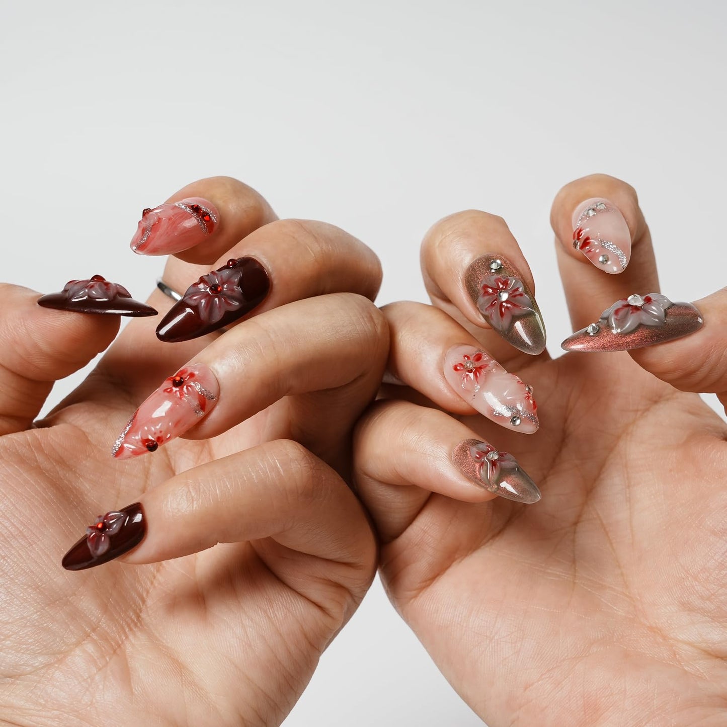 Tesytto Handmade Floral Press on Nails - Medium Almond 3D Embossed Rhinestones & Red Ombre, Thick Acrylic Gel Nails for Parties, Valentine's Day (Evil Flower,M)