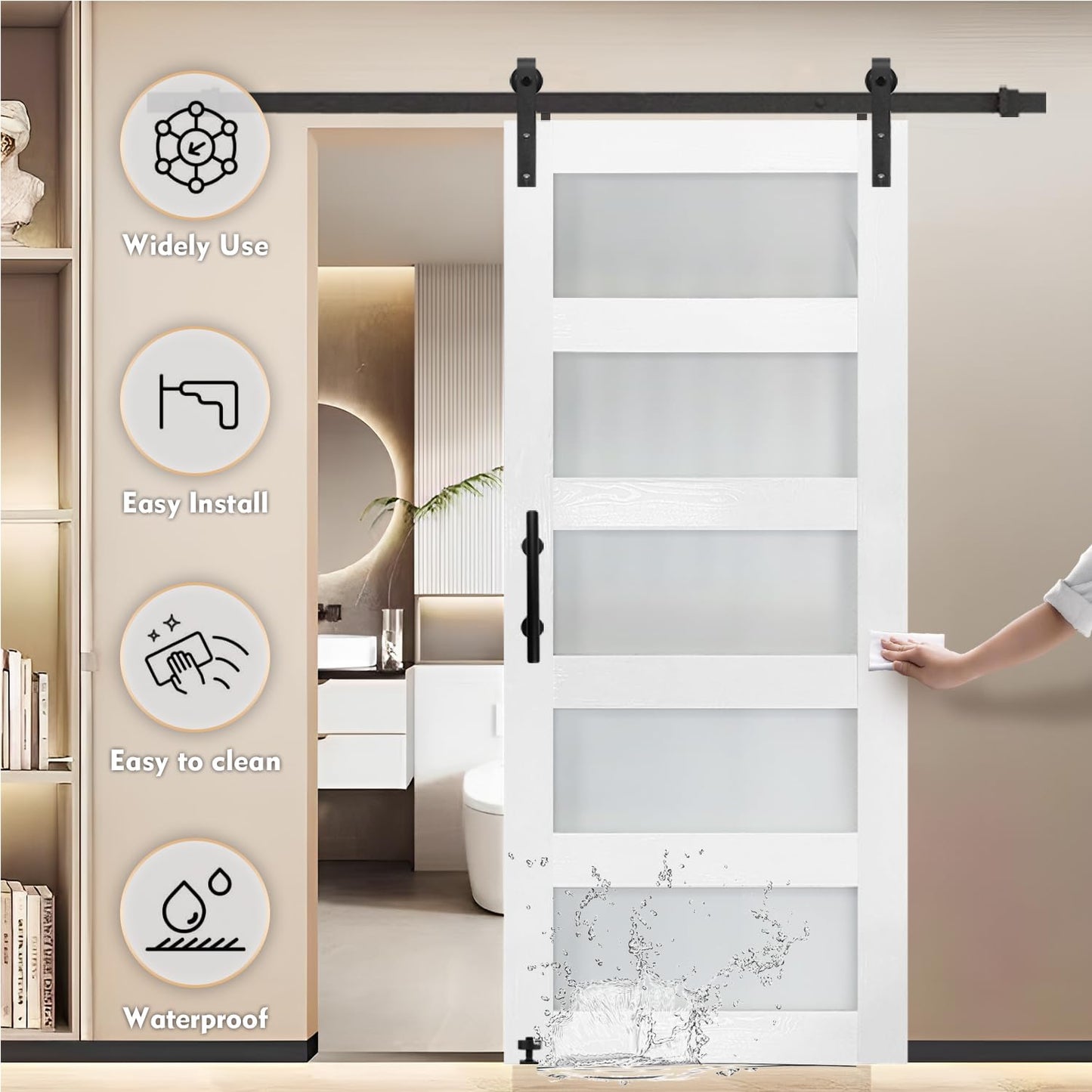S&Z TOPHAND 36in x 84in Glass Sliding MDF Barn Door with 6.6FT Sliding Door Hardware Kit, 5 Tempered Frosted Glass, Slab Inside Covered with Water-Proof PVC Surface, Simple DIY Assembly