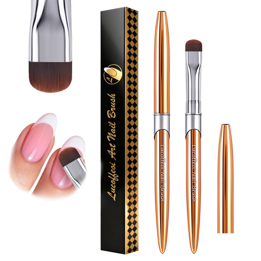 French Brush for Nails & Gel Polish Clean Up, Dual-Use Metal Handle Nail Art Brush with Cap for French Tips, Acrylic, Polygel | Professional Manicure Tool (Gold)