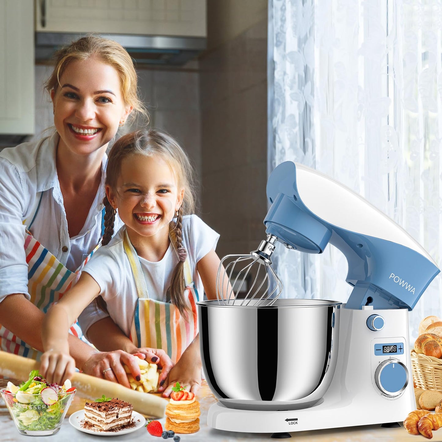 Stand Mixer, POWWA 6.5 QT 10 Speeds Tilt-Head Electric Stand Mixer, 3-In-1 Kitchen Mixer with Bowl, Dough Hook, Whisk and Beater, Food Mixer for Baking and Daily Use (White Blue)
