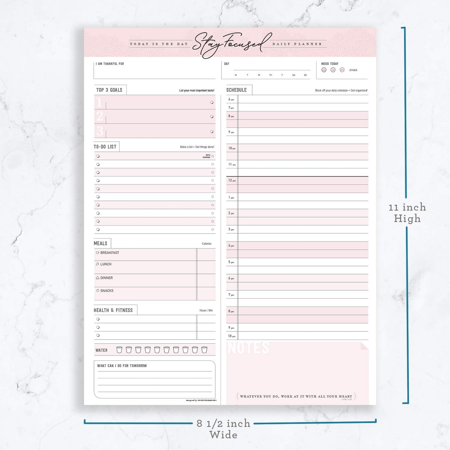 Daily Notepad Planner To Do Schedule - Stay Focused 50 Tear off Premium Made USA (Rose Pink)