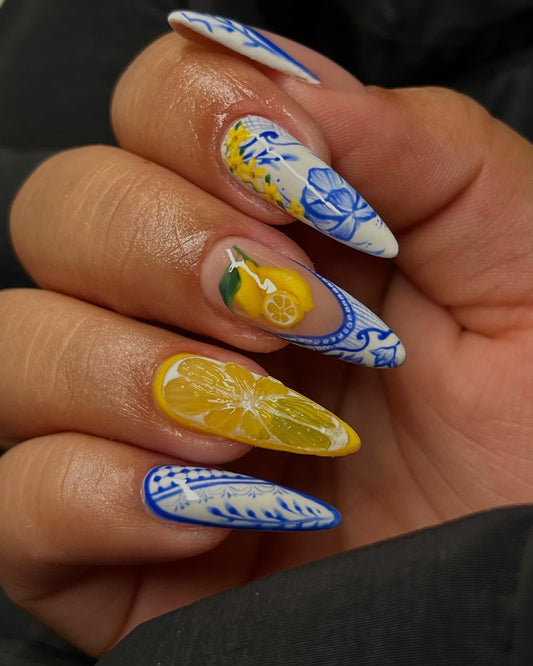 Handcrafted Press On Nails Italian Vacation Style Lemon & Blue Ceramic Pattern 100% Handmade Realistic Artistic Fake Nails With Adhesive Glue Tabs Gifts For Women (Hand-Painted Lemon,Long Stiletto M)