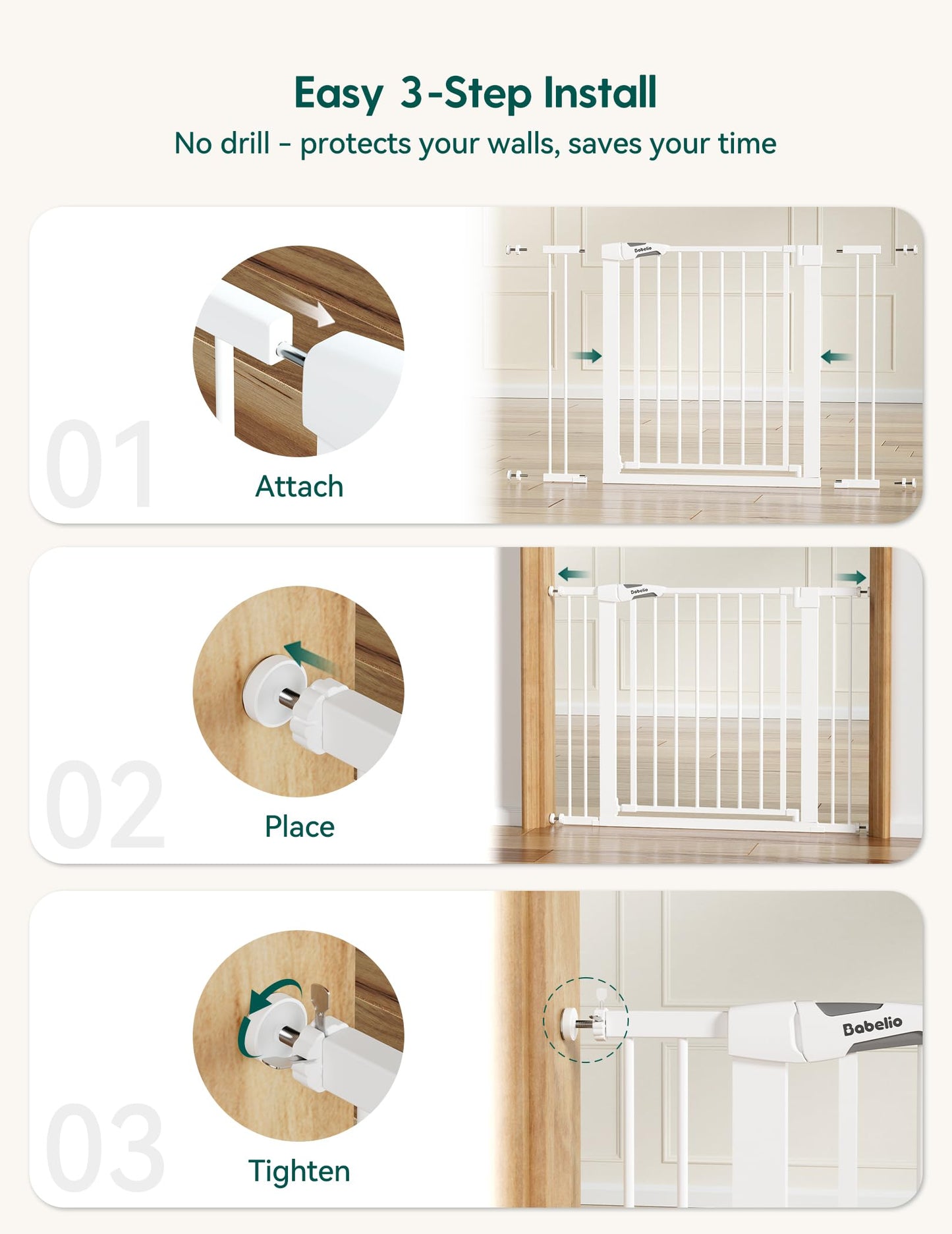 BABELIO Safety Gate Door Fits for Stairs, Narrow and Wide Doorways with Auto Close, Easy Install, No Drilling, Pressure Mounted for Baby, Child, Pets, Dog/Puppy, 26''-40'', White