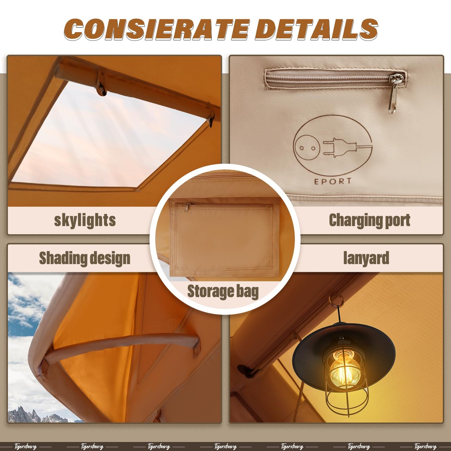TIGERXBANG Inflatable Tent for Camping, 4-6 Person Glamping Air Tents, Easy Setup 4 Season Luxury Cabin, Waterproof & Windproof Inflatable House Tent with Panoramic View Windows