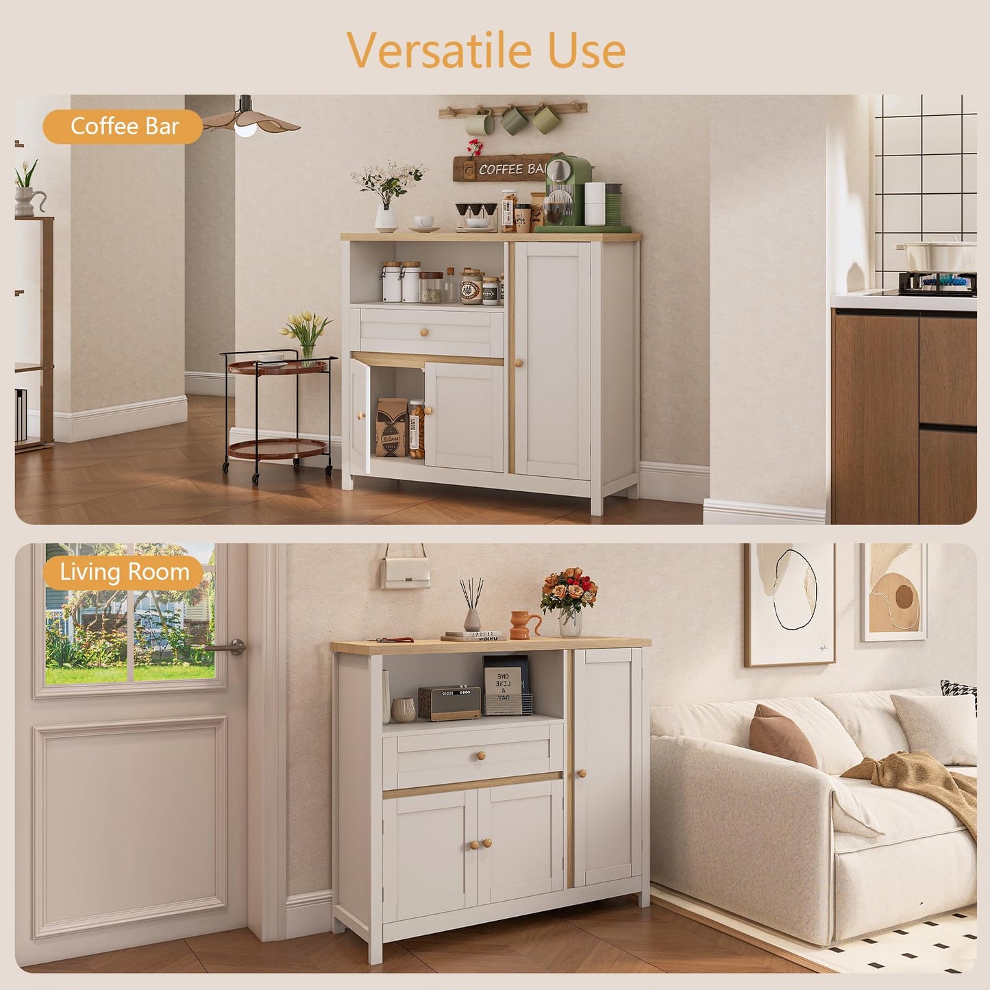 Viaozutis Storage Cabinet with Doors and Drawers,Kitchen Storage Cabinets，with Drawer and Adjustable Shelf（White）