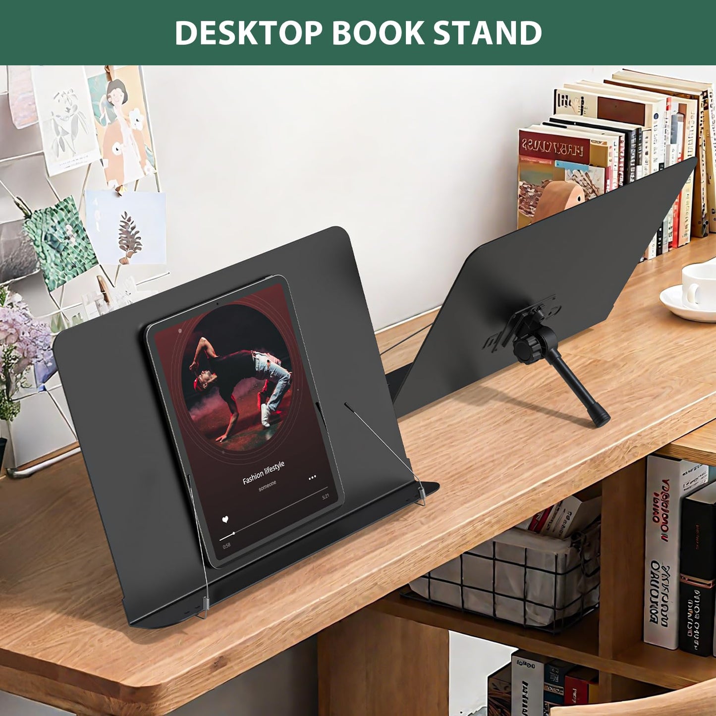 GLEAM Sheet Music Stand - Full Metal with Carrying Bag, Phone Holder, Sheet Music Folder and Clip, 5 in 1 Desktop Book Stand - Black