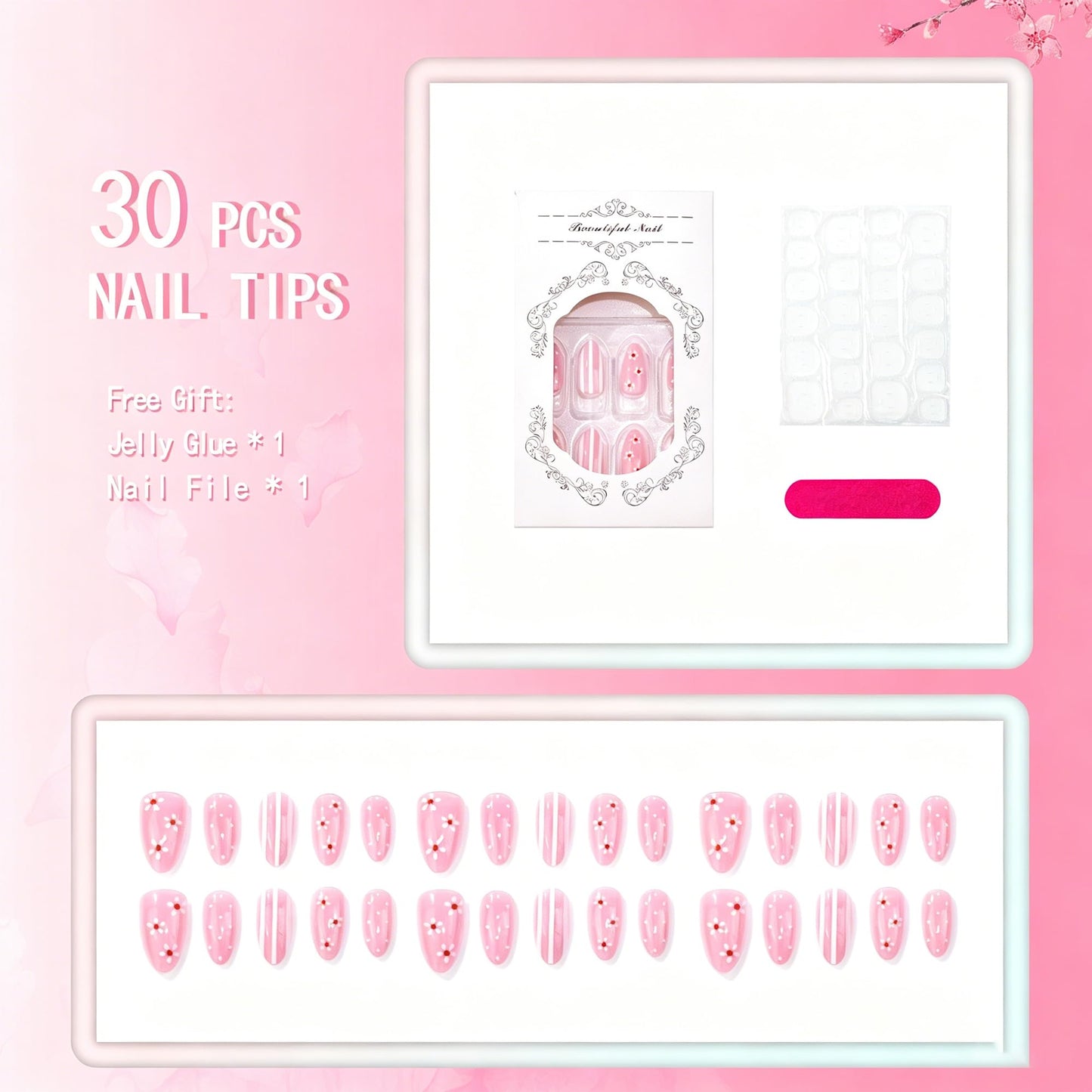 30Pcs Light Pink Press on Nails Short Almond Fake Nails with White Daisy Flowers & Polka Dots,Vertical Stripes Design, Glossy Cute False Nails Full Cover Stick on Nails for Women Manicure Decor