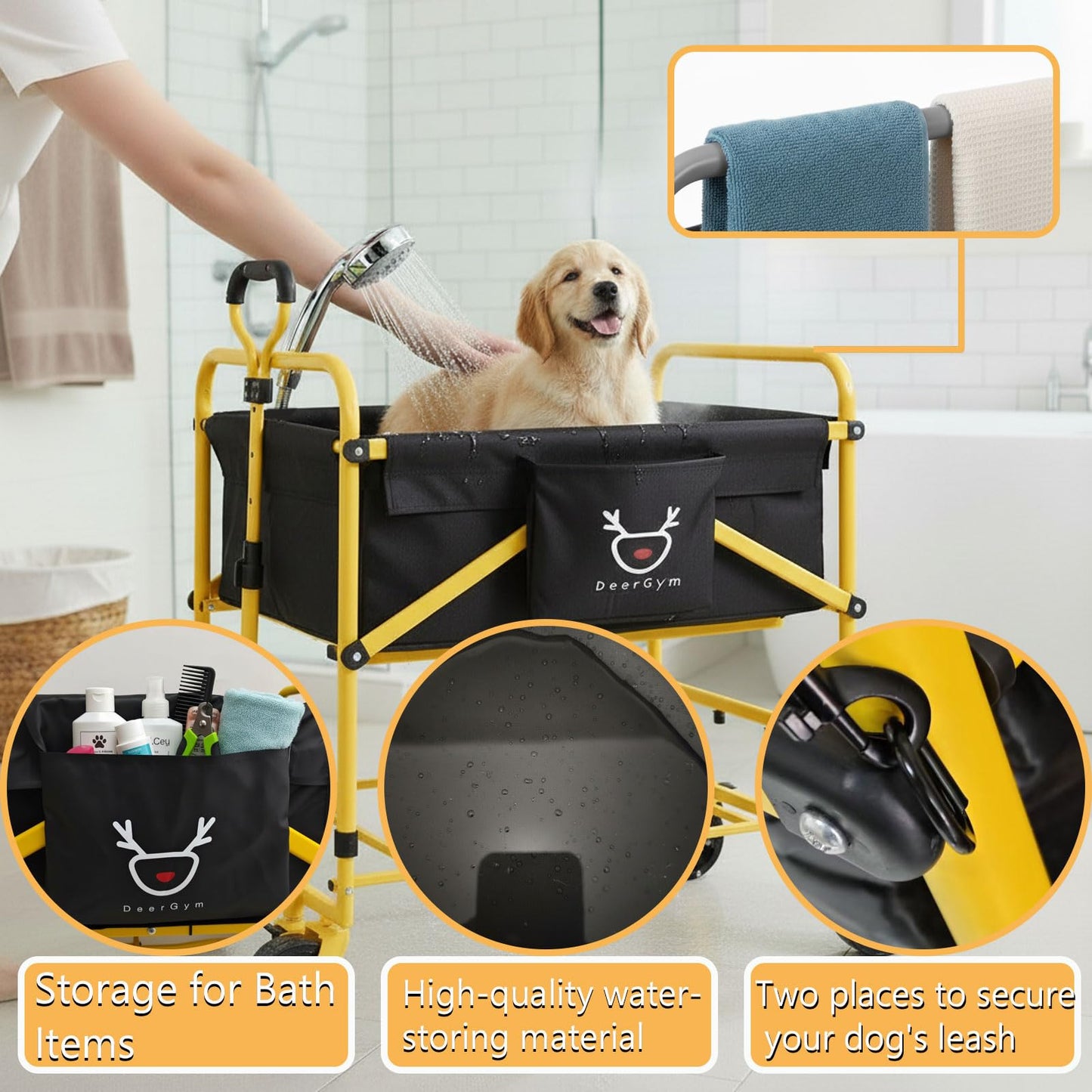 2-in-1 Dog Bathtub and Dog Stroller, Portable Dog Bath and Pet Stroller for Small and Medium Dogs (5-55 lbs) and Cats, Four-Wheel Bathing Cart with Brake
