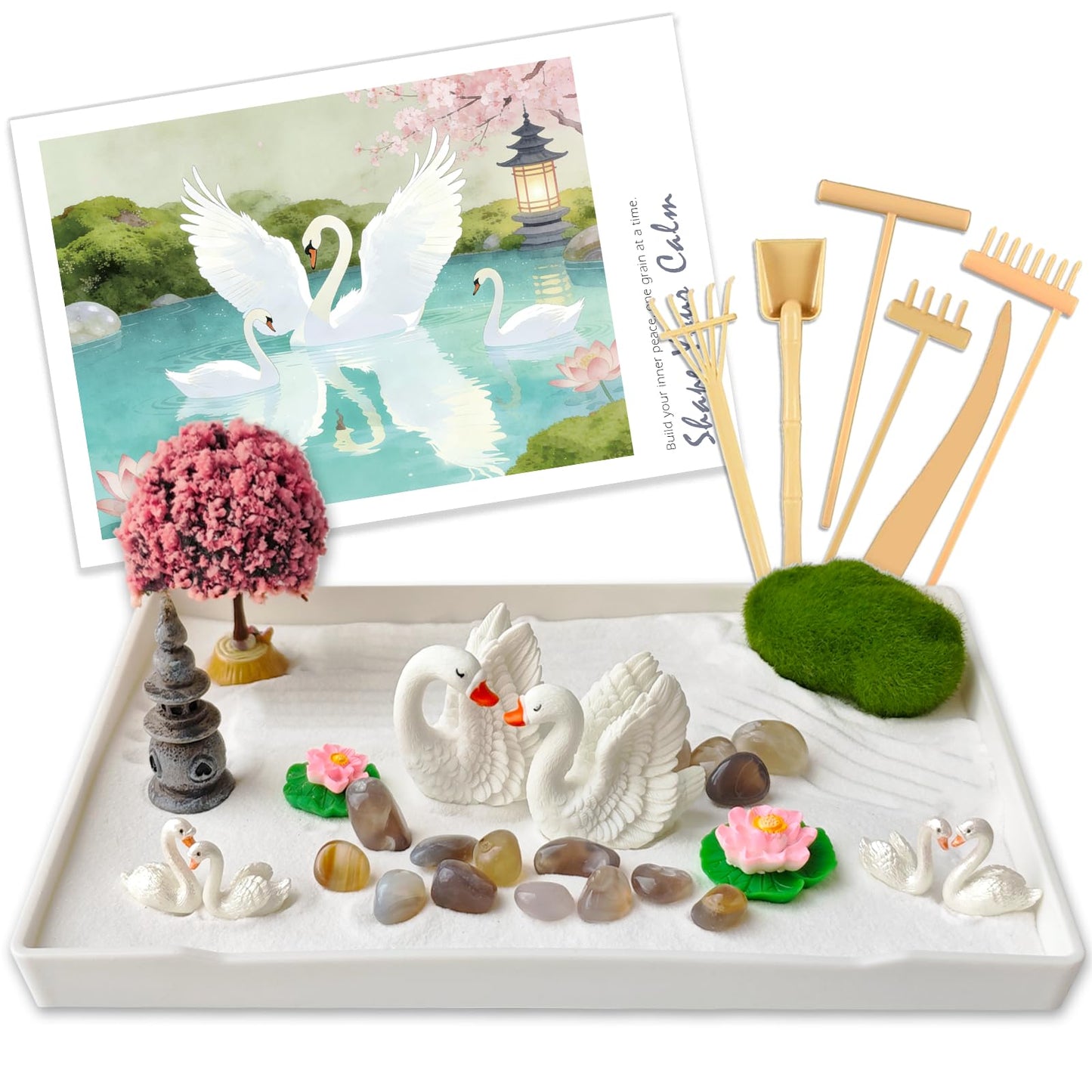 Akisola Zen Garden for Desk, Swan Lake Decor, Sand Tray Therapy Kit for Office - Mini Japanese Décor Sand Garden, Meditation Anxiety Relief, Office Desk Decor & Relaxation Gift (White)