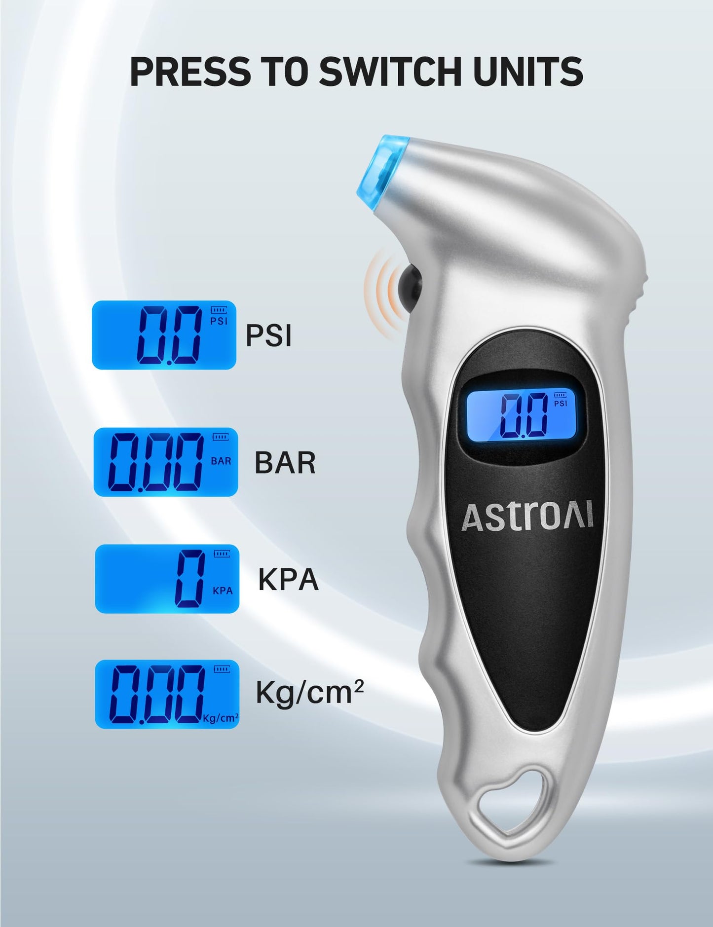 AstroAI Digital Tire Pressure Gauge 0-150PSI（Accurate in 0.1 Increments），4 Units for Car Truck Bicycle with Backlight LCD and Presta Valve Adaptor (1 Pack+4pack)
