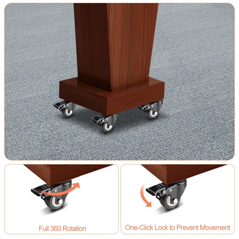 BGEDL Wooden Podium with 4 Lockable Wheels, Steady Floor Standing Speaking Lectern Stand, Portable Podium Stand Reception Desk, Wood Rolling Lecture Podium Pulpit for Churches Classrooms Speeches