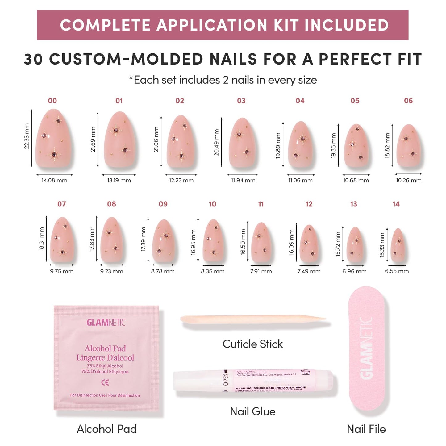 Glamnetic Press On Nails - Pink Comet | Short Almond Fake Nails in Pale Blush Pink with Lavender 3D Gems in a Glossy Finish, Salon Quality | 15 Sizes - 30 Nail Kit with Glue
