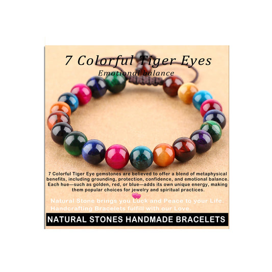 AD Beads 8mm 7 Colorful Tiger Eyes - Emotional balance - Handmade Natural Stone Crystal Bracelet with Adjustable Macrame String - Yoga Healing Power Energy Gifts for Men and Women