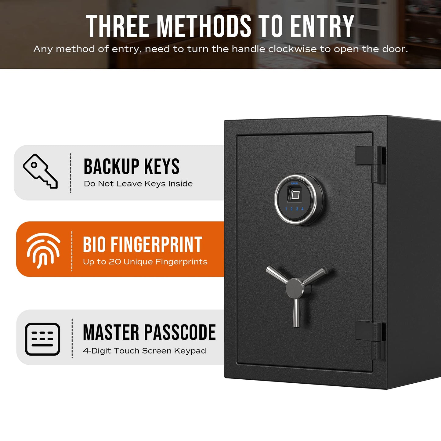 RPNB Deluxe Biometric Fireproof Safe Box,Digital Fingerprint Fireproof Waterproof Safe with Touch Screen,Removable Shelf and 3 Spoke Handle,Home Safes for Cash Documents Jewelry,1.29 Cubic Feet