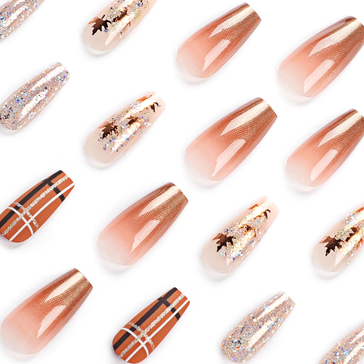Press On Nails Long Coffin Fake Nails, Brown & Gold Maple Leaf Sequin Acrylic Nails, 24 PCS Fake Nails with Nail File & Glue Tabs, Reusable ABS Material