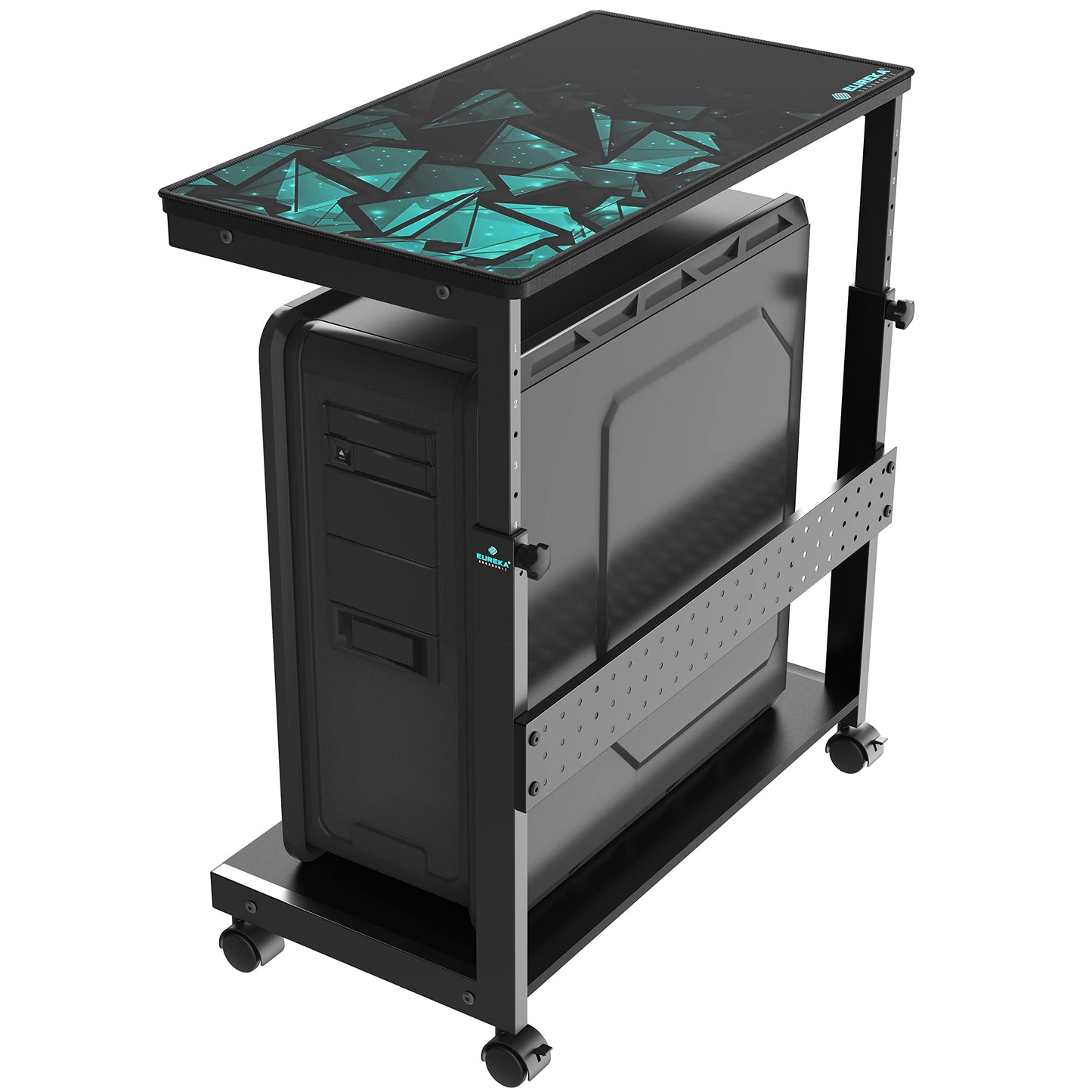 EUREKA ERGONOMIC PC Stand Computer Cart, Height Adjustable Tower Stand 2-Tier Suit for ATX Case Printer, Metal Rolling Cart on Wheels for Gaming Home Office, Black