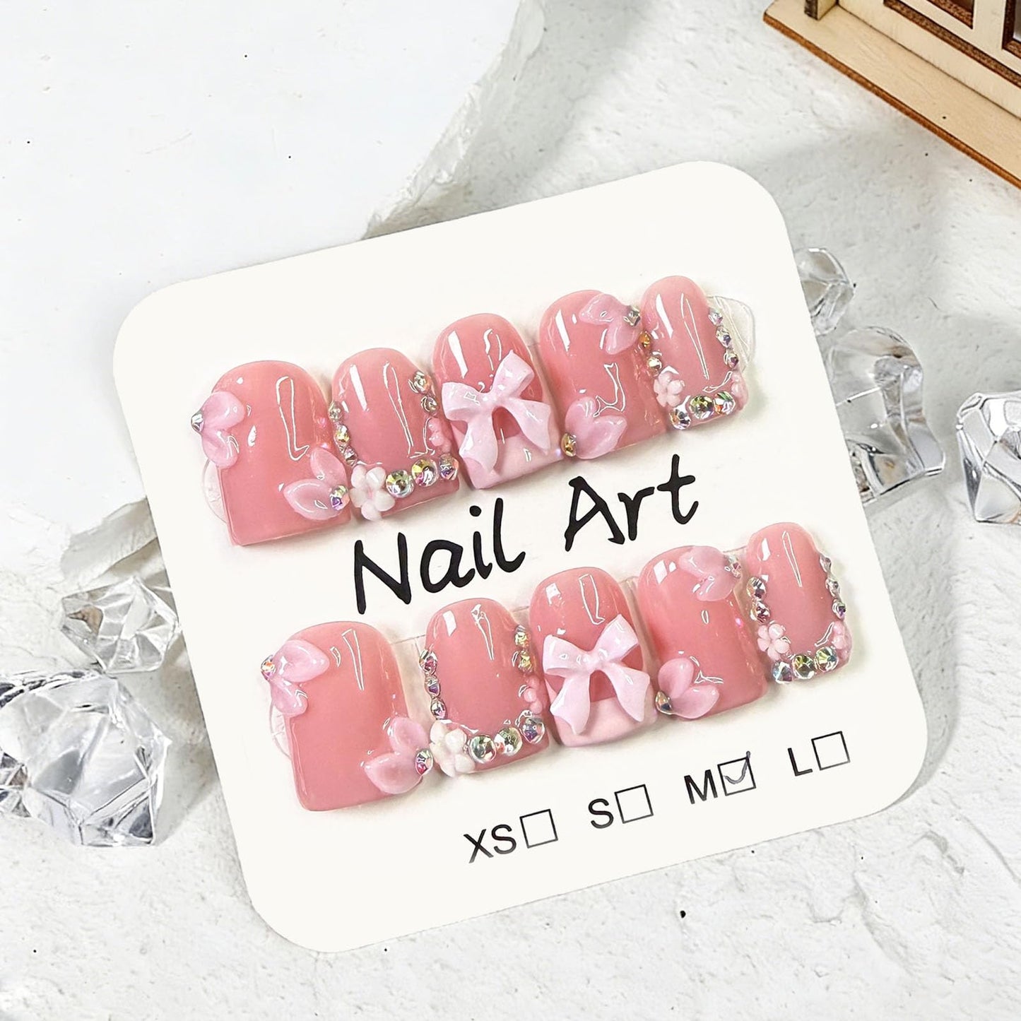 10 Pcs Handmade Press on Nails Short Square Fake Nails with 3D Flower Bow Rhinestones Charms Design White French Tip Acrylic False Nails M Size Press Ons Nails Square Pink for Women