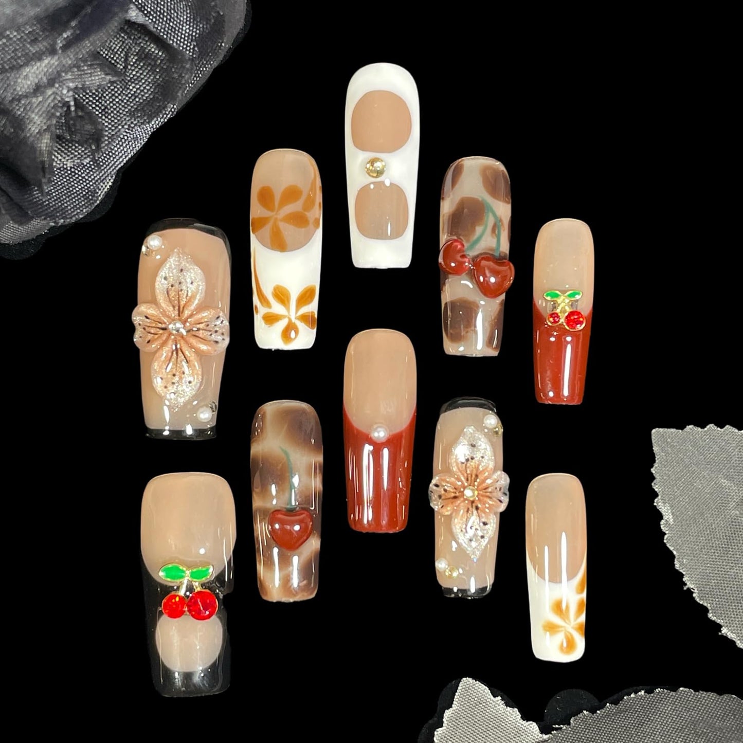 Handmade Press On Nails Square 3D Floral Cherry Blossom Leopard French Fake Nails wtih Design, Reusable Acrylic False Nails Gift Set (Cherry, m)