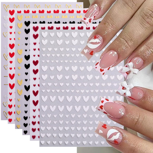 Heart Nail Stickers Decals for Nail Art, 6Sheets 3D Self Adhesive Hearts Nail Art Stickers for Women Gold Black White Red Heart Love Patterns Elegant Design DIY Valentines Manicure Accessories