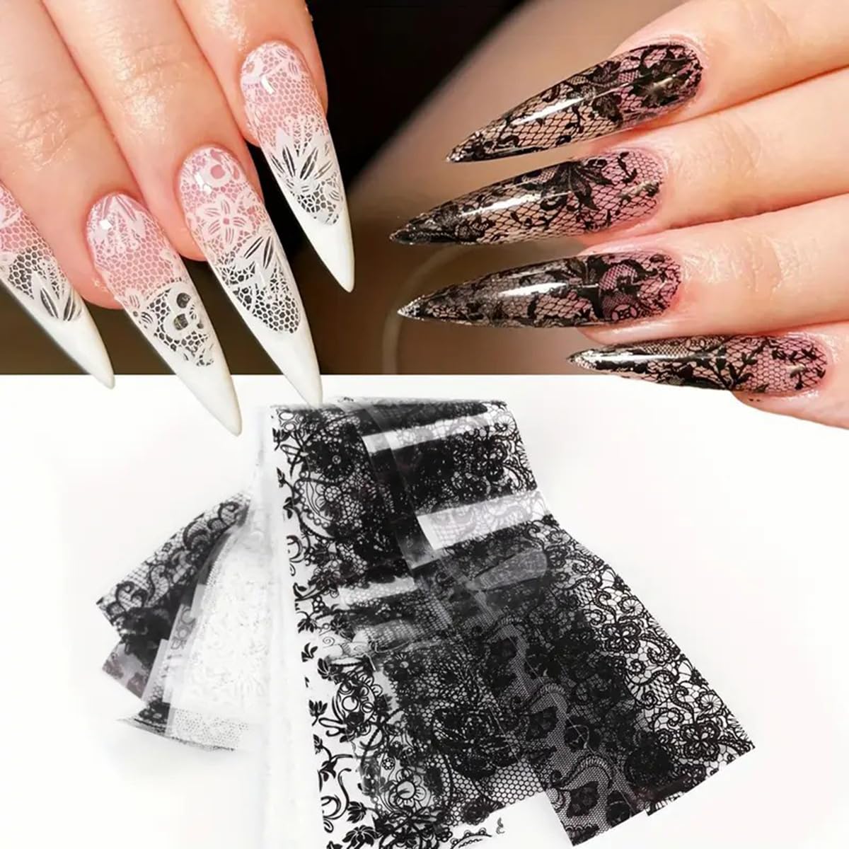Black White Lace Nail Art Foils Transfer Stickers 10 Rolls Y2K Lace Flower Nail Foil Adhesive Decals Designer Nail Art Supplies Starry Sky Paper Manicure Accessories for Women Acrylic Nails Decoration