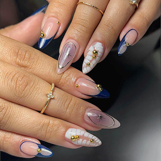 Gleamrain Almond Press on Nails Medium with French Design Blue Glue on Nail for Women Summer Vacation 24pcs