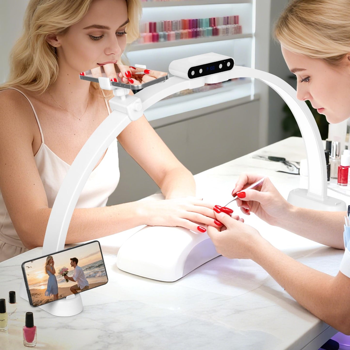 KIRKAS 29inch Large Half Moon Light for Nail Tech, 456 LEDs 3 Color Modes Infinitely Knob Arch Nail Light with Screen and Phone Holder Charging Function, Foldable Lighted Lamp for Manicure,Craft-White