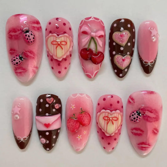 BABALAL Press on Nails Medium Almond Fake Nails Pink Strawberry Glue on Sweet Heart Bow Lips Art False Acrylic Nails Y2k 24Pcs Valentines Custom Stiletto Full Cover for Women Girls