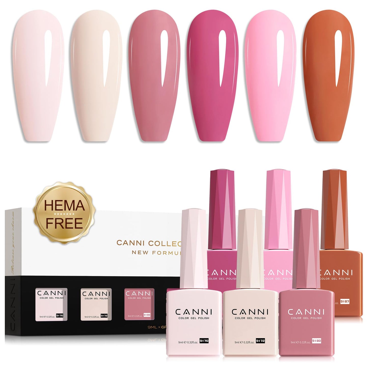 CANNI 9ml Gel Nail Polish Set, 6 Elegant Shades HEMA-Free Pink Nude Coral Rose, Long-Lasting Manicure Kit for Salon & DIY Use