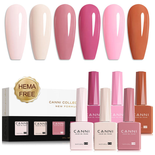 CANNI 9ml Gel Nail Polish Set, 6 Elegant Shades HEMA-Free Pink Nude Coral Rose, Long-Lasting Manicure Kit for Salon & DIY Use