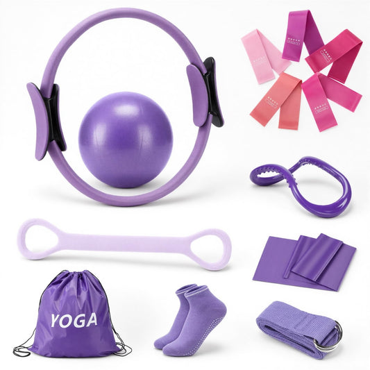 FITOUNOS Pilates Ring Set for Women, Home Workout Pilates Equipment with Resistance Bands, 14'' Magic Circle, Mini Ball, Pilates Starter Kit for Strength (Purple)