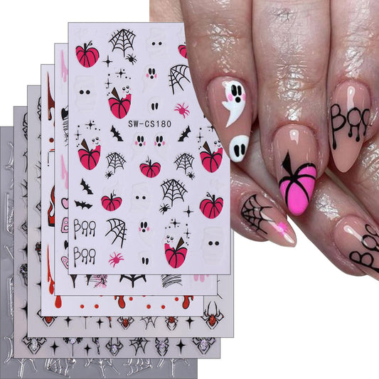 6 Sheets Halloween Nail Art Stickers Decals 3D Self-Adhesive Spider Web Nail Stickers Spider Ghost Pumpkin Red Blood Lips Designs Halloween Nail Decals Supplies for Women Nail Art Decorations Charms