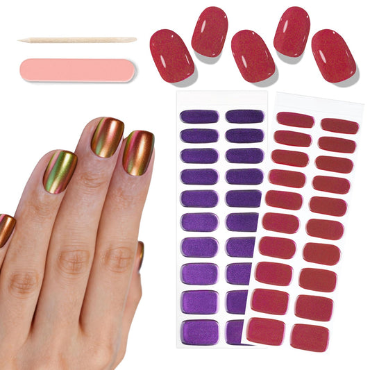 YECIRALA 2 Sheets 40 Tips Semi Cured Gel Nail Strips Kit (Magic Metallic Burgundy & Purple) Semi Cured Nail Polish Strips Stickers Chrome Metallic Effect Gel Nail Wraps with Nail File & Wooden Stick