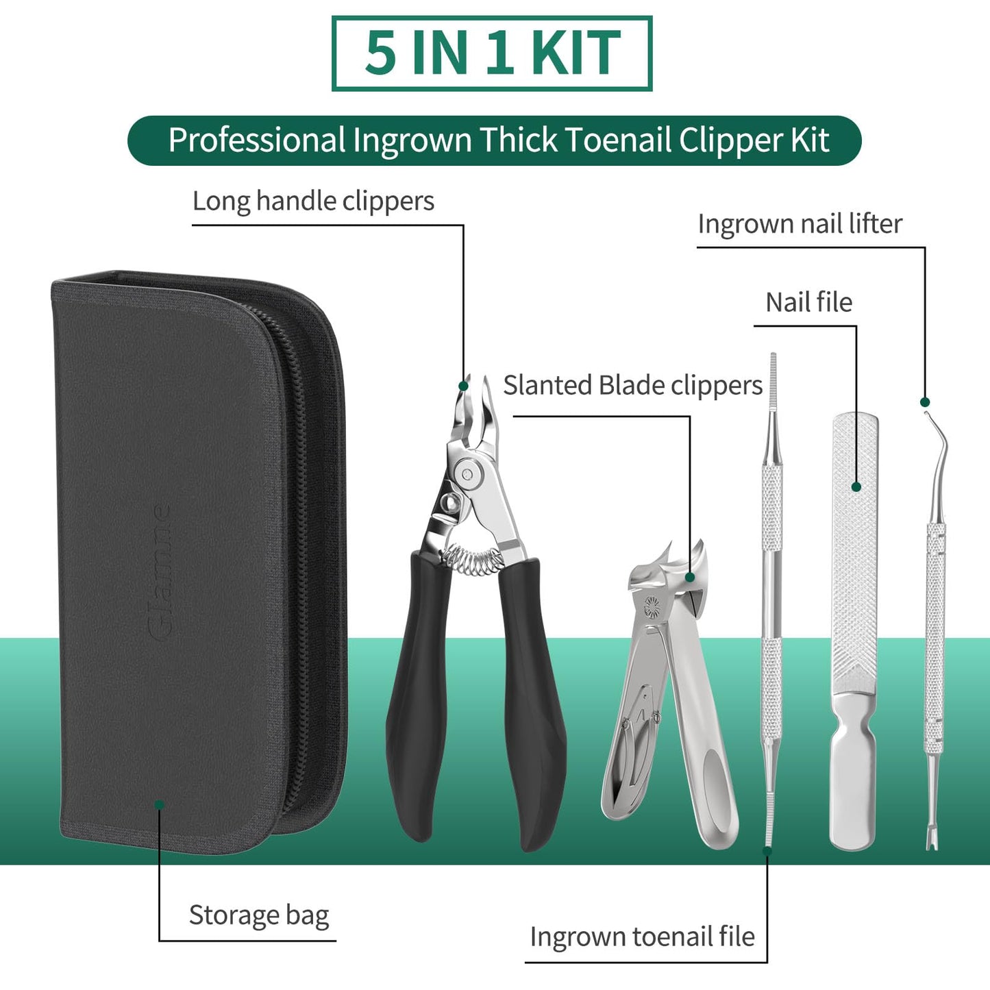 Glamne 5-in-1 Toenail Clippers for Seniors with Thick & Ingrown Nails – Professional Pedicure Kit with Long Handle Nail Cutter, Slanted Curved Blade, Nail File & Lifter – Gift Set with Leather Case