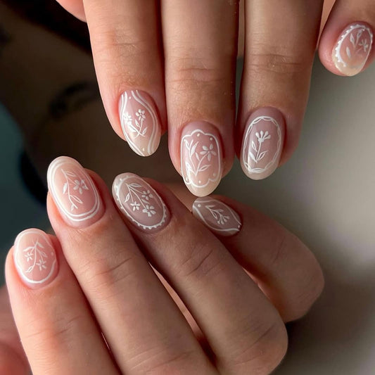 IMSOHOT Oval Press on Nails, Short Fake Nails, White Hand Painted Flower Frame Design, 24 Pcs Reusable Glue on Nails for Women