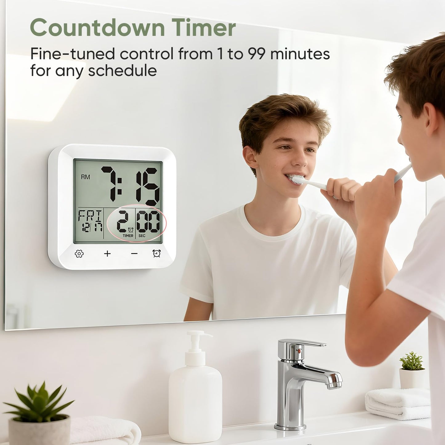 onannos Bathroom Clock Waterproof Shower Timer, Digital Wall Clock with Countdown, Touch Screen, LCD Display, Temperature, Suction Cup/Hanging Hole/Stand, Spa Sauna, Kids and Adults I White