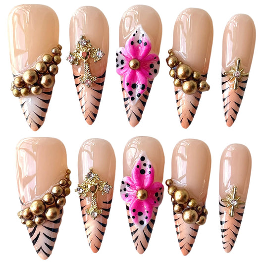 Luxury Handmade Press On Nails, Nude Pink Stiletto Tips with Gold Chains, 3D Flowers, Tiger Stripes, Reusable Acrylic False Nails (Tiger Luxe, L)