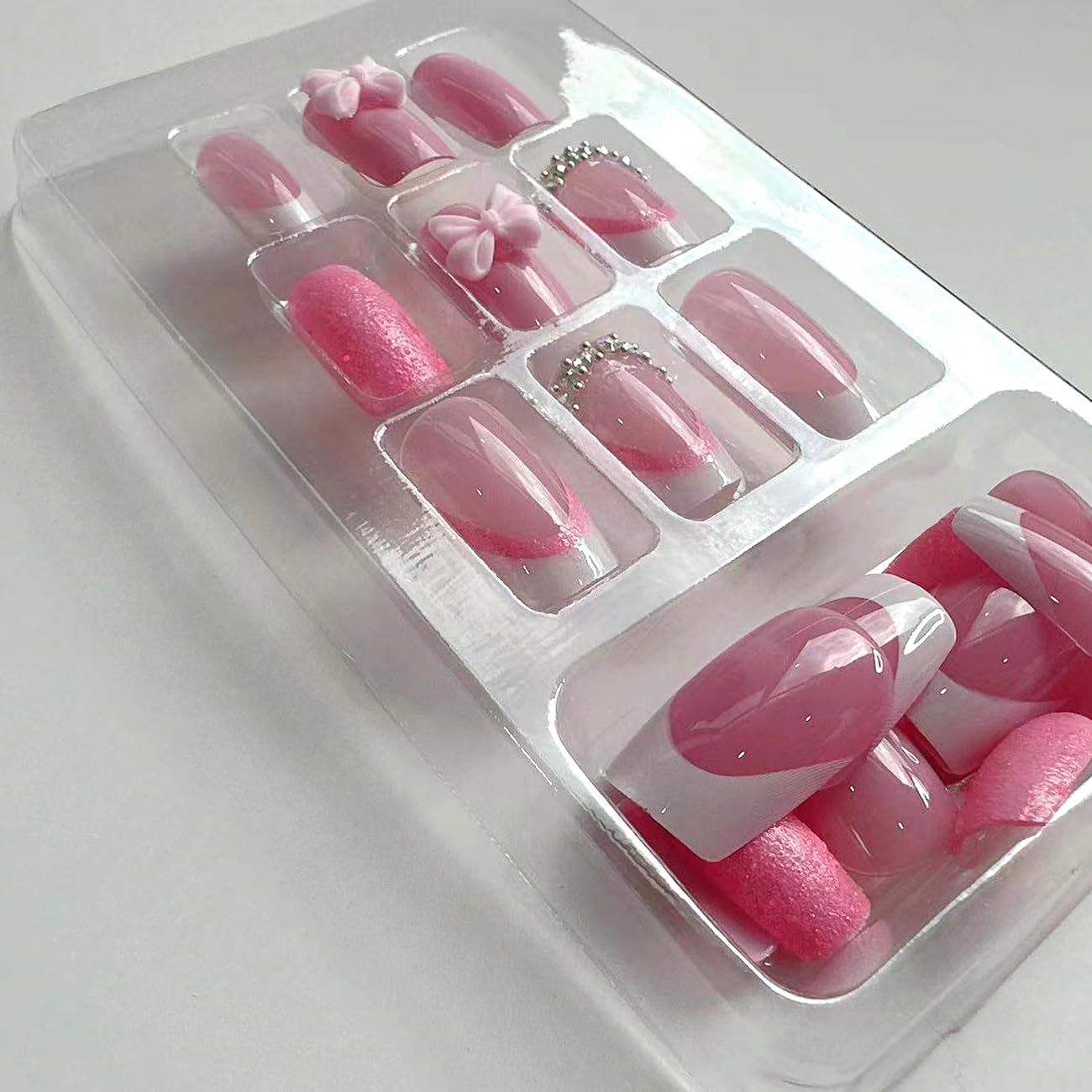 French Tip Press on Nails with Charms Short Fake Nails, French Nails Press ons Cute Pink Bow Stick on Nails Medium Square Shape Glossy Sparkly Full Cover Glue on Nails for Women Daily Wear 24 pieces
