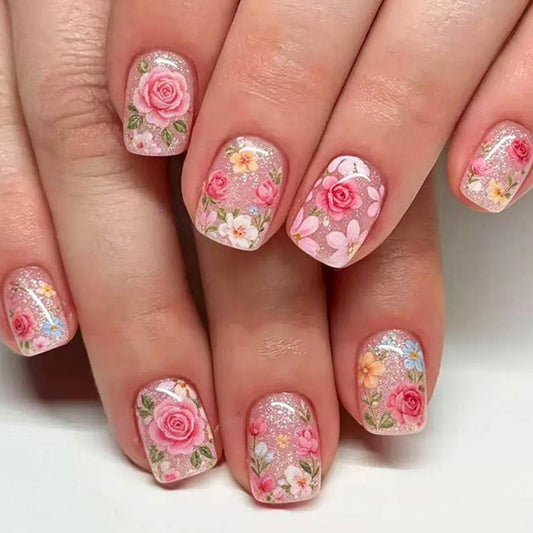 Floral Press on Nails Short Square Fake Nails with Flower Glitter Designs Cute Nails Press ons Pink Glue on Nails Glossy Acrylic Nails Summer Stick on Nails for Women 24Pcs