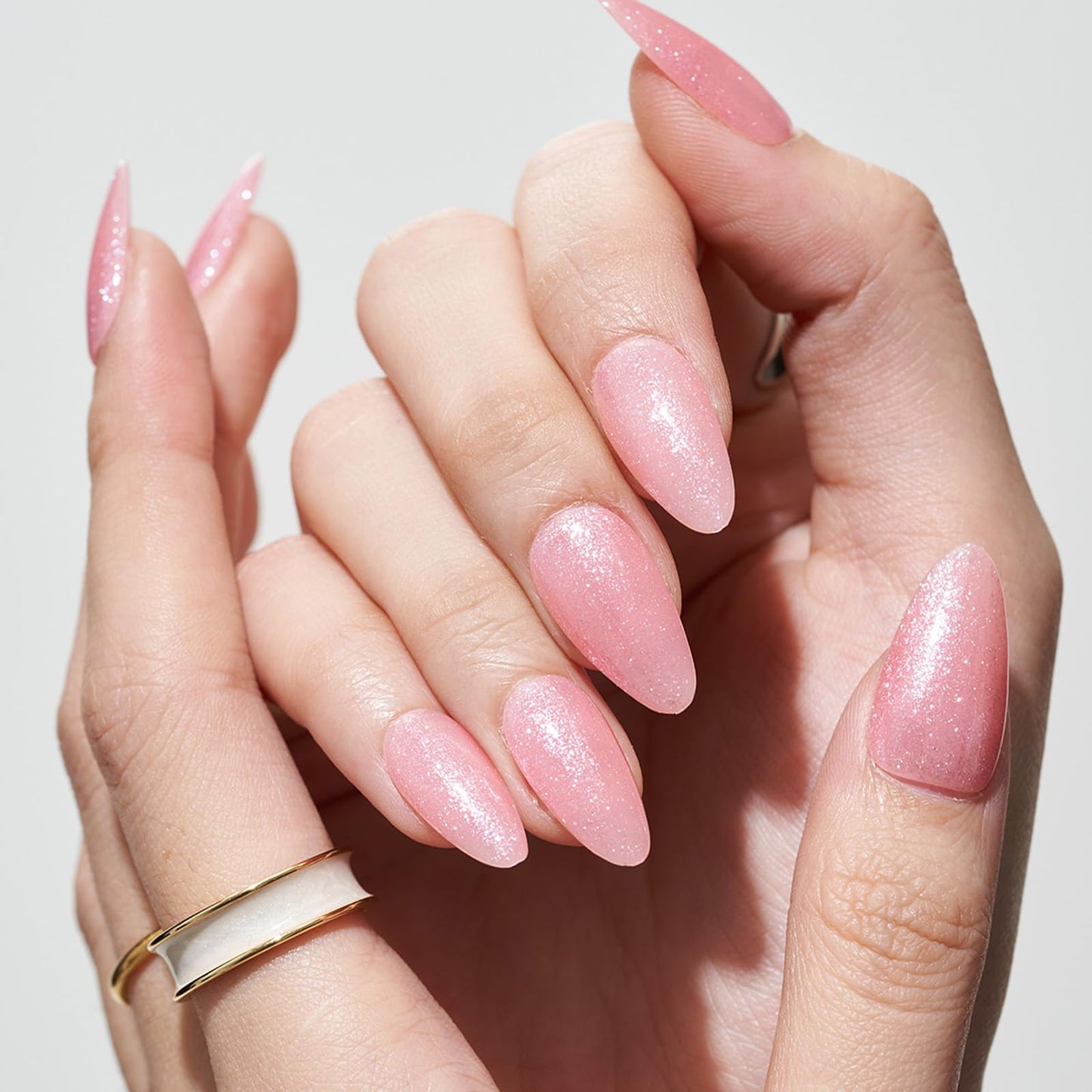 GLAMERMAID Pink Press on Nails Medium Almond, Handmade Glitter Light Pink Neutral Jelly Sofy Gel Glue on Nail Stiletto, Glossy Fake Nails Short Oval，Reusable Acrylic Stick on False Nail Kits for Women