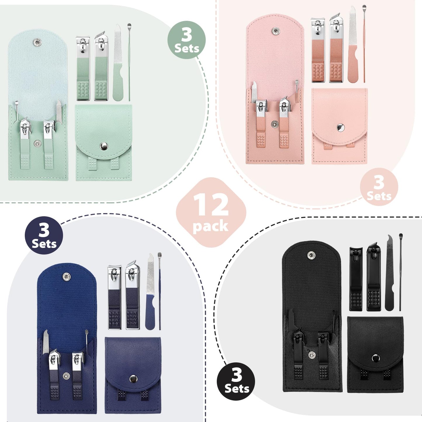 Geosar 12 Sets Manicure Gifts Bulk Nail Clippers Pedicure Kit Stainless Steel Professional Pedicure Grooming Kits Nail Care Tools with Travel Case for Women Men Hand Foot Birthday(Multi Colors)