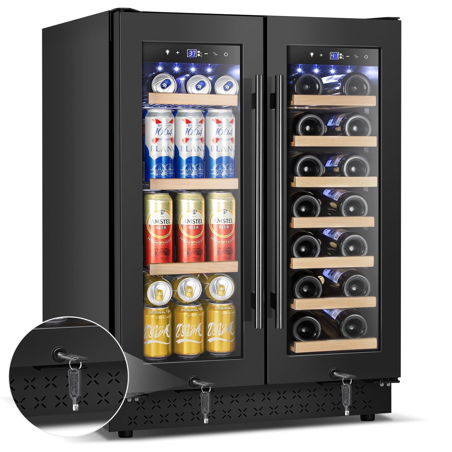 Wine and Beverage Refrigerator with Glass Door, 24-Inch Dual Zone Wine Fridge Under-Counter,4.6 Cu.Ft. 65 Cans and 20 Bottles Wine Cooler,Built-in or Freestanding Wine and Drink Fridge with Blue Light