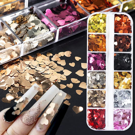 3D Nail Glitter Sequins for Valentine's Day Nail Art - Retro Holographic Laser Glitter Flakes Ultra-Thin Heart Nail Art Glitters Sparkle for Acrylic Nail Decoration - 12 Colors