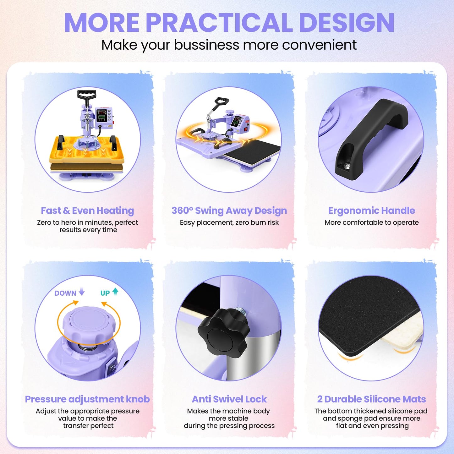 AKEYDIY Upgraded 5 in 1 Heat Press Machine for Tshirts 12X15 Inch, 360° Swing Away Shirt Press Machine for Sublimation, Multifunctional Heat Transfer Machine Combo for Shirts (Purple-5 in 1)
